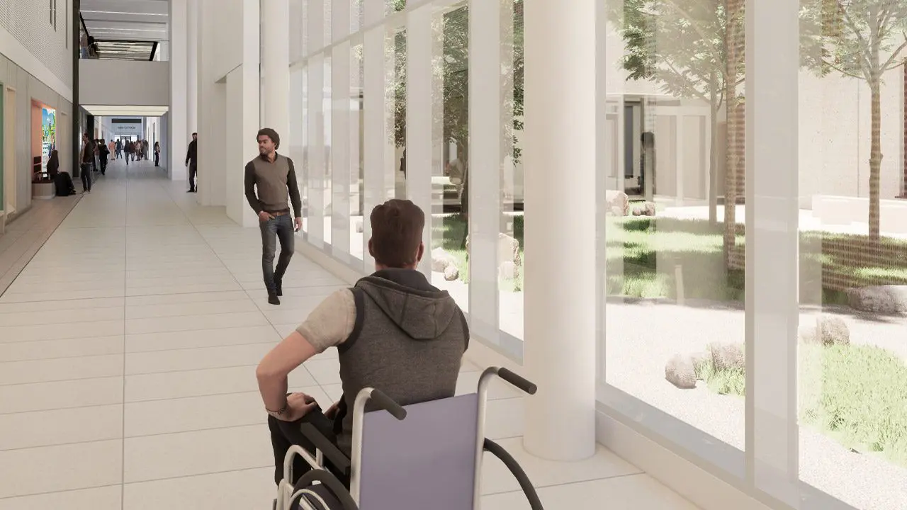 render of wheelchair user going down corridor in east street looking west, new university monklands hospital