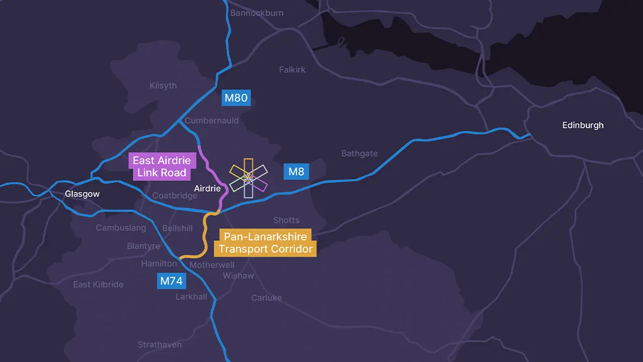 map showing position of new East Airdrie Link Road between M8 and M80