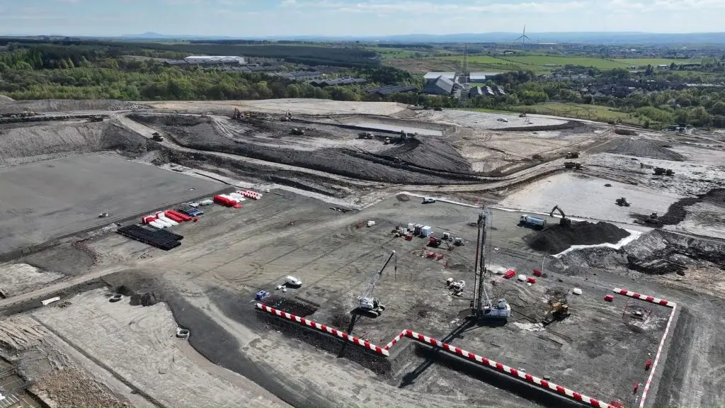 Drone aerial view of test piling at the Monklands Hospital construction site