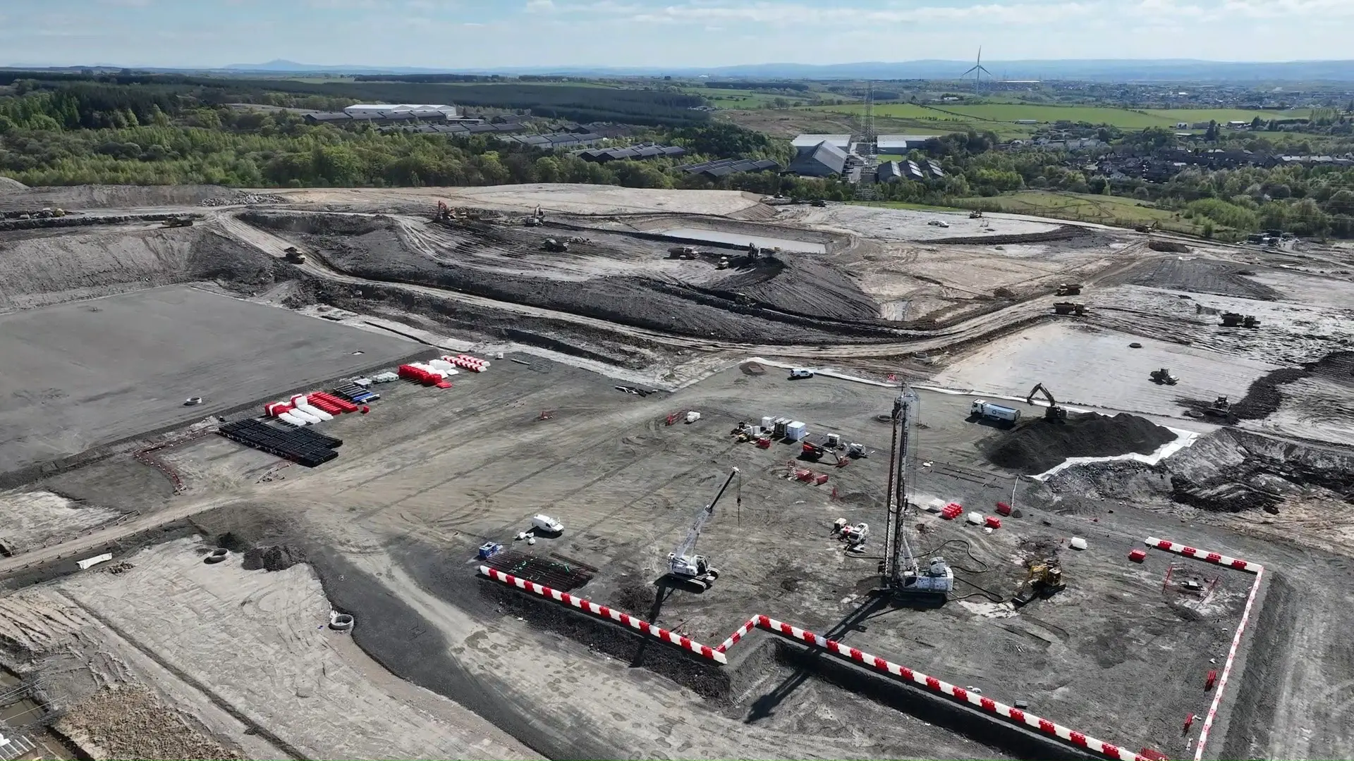 Drone aerial view of test piling at the Monklands Hospital construction site